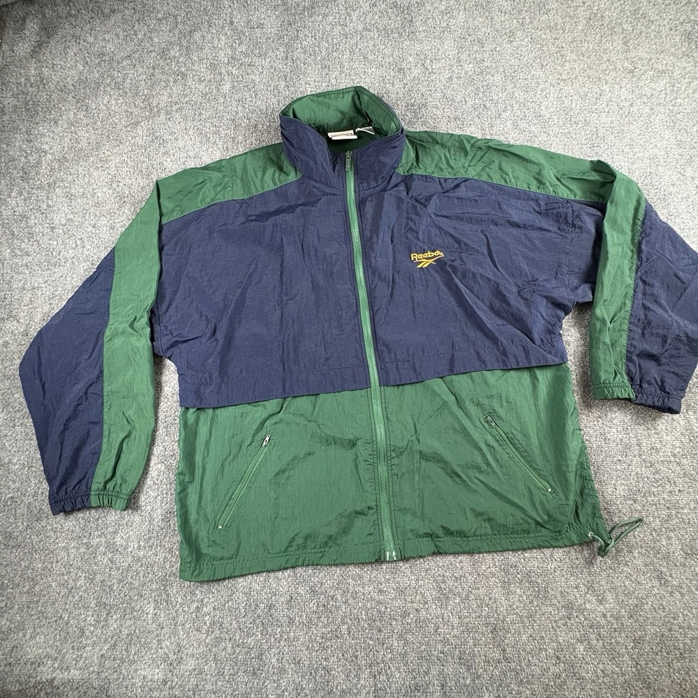 VTG 90s Reebok Windbreaker Jacket Mens XL Green Blue Hood Colorblock Y2K Grunge